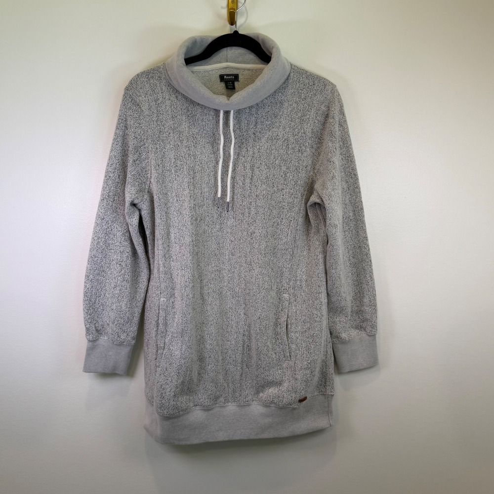 Roots Canada Gray Salt Pepper Cowl Neck Sweatshirt Pockets L Cozy Fleece Comfy